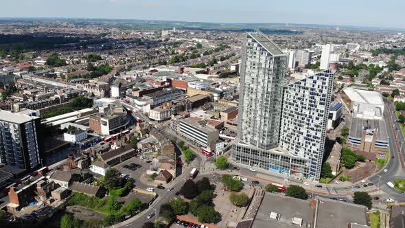 Aerial view of the two tall towers and Ilford town centre on a sunny day