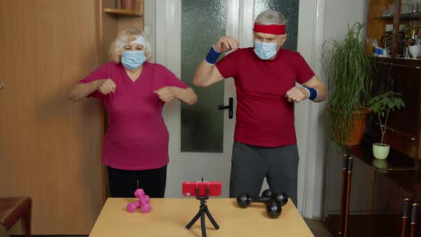 Elderly Man Woman Doing Fitness Exercises Starting Live Stream Vlog Blog Online Distance Course