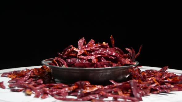 dried red peppers in metal plate on rotating platform