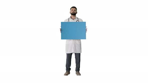 Doctor Holding a Blank Panel on White Background.