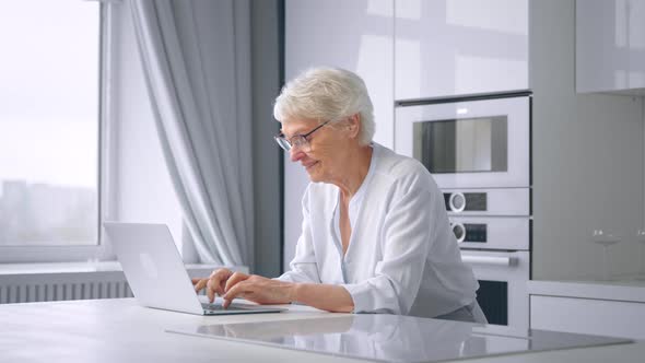 Old woman company manager types on grey laptop