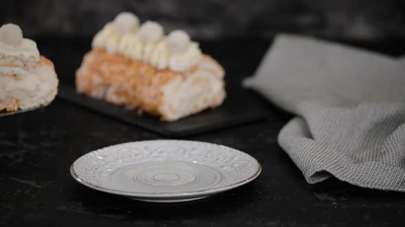 Delicious Meringue Cake Roll Slice On A Plate.	