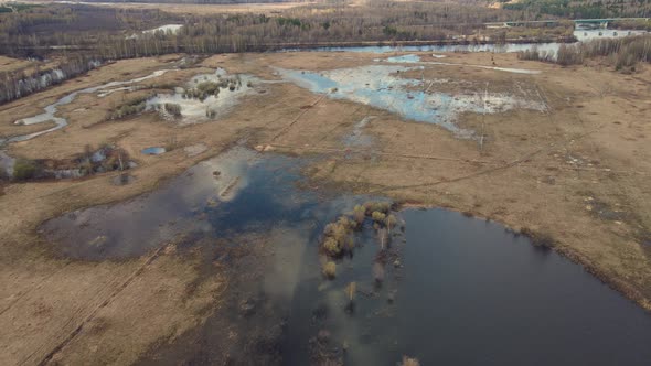 Powerful Flood of the River Spring Flood and Flooded Fields Aerial View