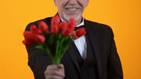 Smiling Senior Male Presenting Red Tulips, Well-Mannered Gentleman on Date