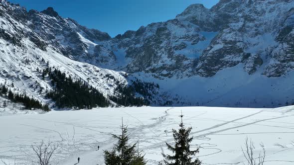 Aerial view of morske oko in High Tatras mountains in Slovakia