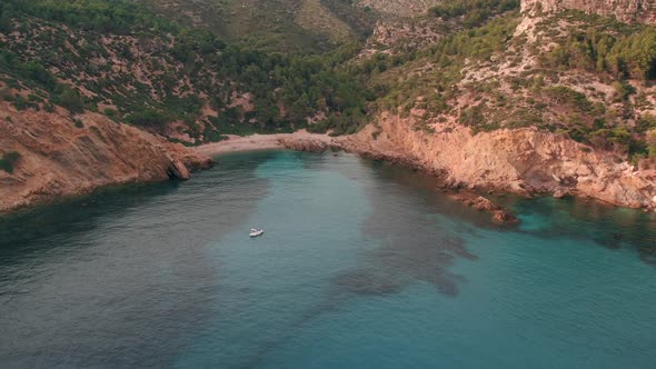 Aerial view drone video of a cove in Mallorca island, Spain.