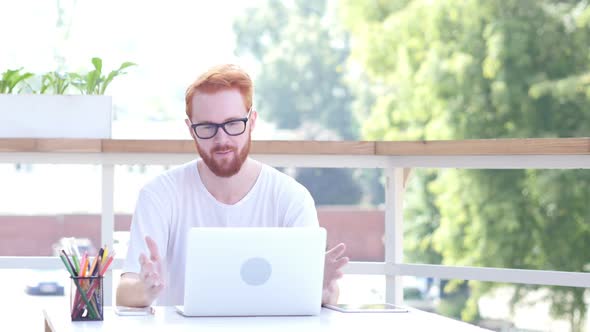 Online Video Communication, Chat by Man Sitting in Balcony of Office, Outdoor