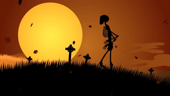 A scary night on the graveyard. The skeleton is walking against bright moon.