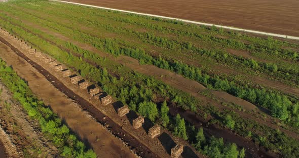 Peat Harvesting Field in Drained Bog Landscape Aerial View