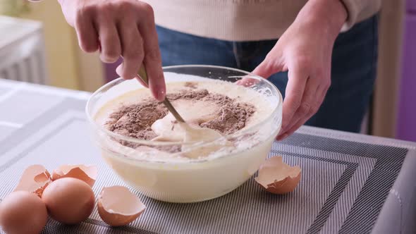 Adding Flour and Cocoa to Beaten Eggs  Making Dough for Baking