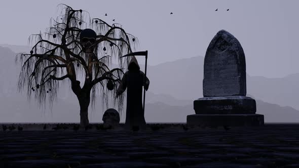 The Grim Reaper and Skulls in the Graveyard