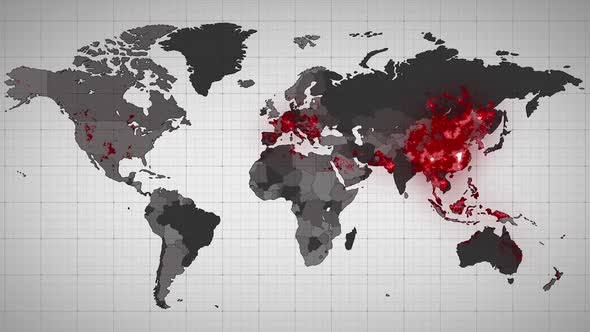 Animation of the world map and countries turning red through circles in a white background