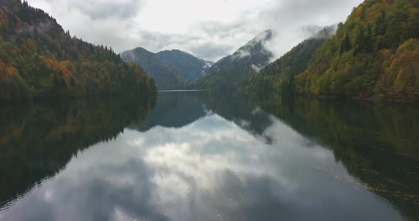 Mountain lake in the clouds. Aerial