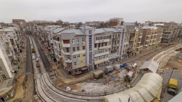 Concrete Works for Road Maintenance Construction Site with Many Workers and Mixer Timelapse