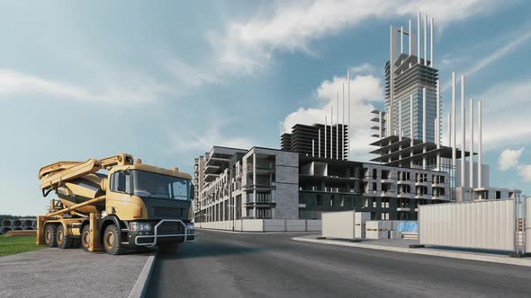 Concrete mixer truck on the background of building houses alt