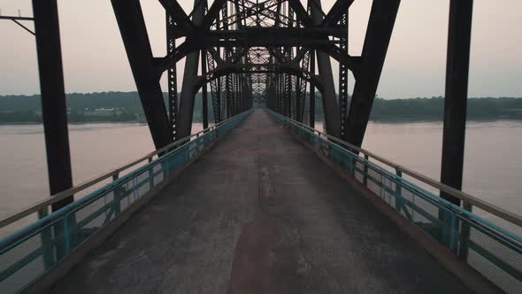 POV flight through girders of Chain of Rocks footbridge over Mississippi River