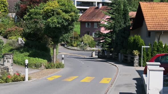 Empty Street in Alps Mountain Eschen City Liechtenstein Houses on the Sides