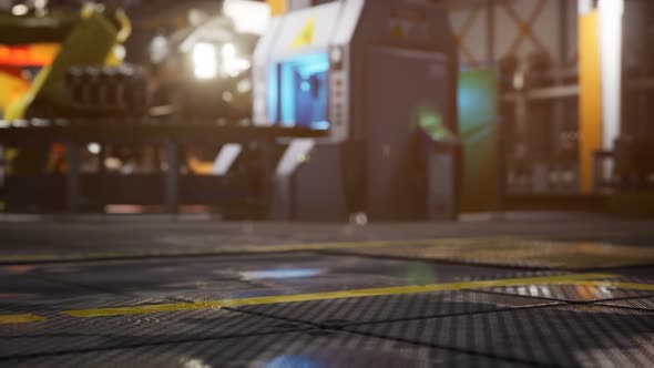 Interior of Car Factory with a Production Line alt