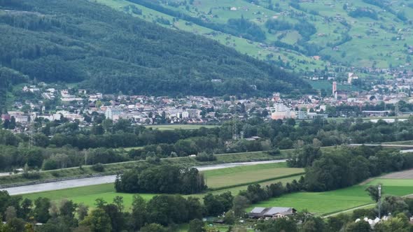 Scenic Panorama of Vaduz Valley By the River Rhine Liechtenstein Alps Mountains