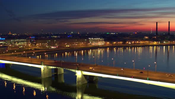 Night flight overlooking he Alexander Nevsky Bridge in St. Petersburg