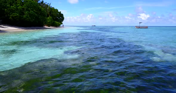 Wide overhead travel shot of a white paradise beach and aqua turquoise water background in colourful