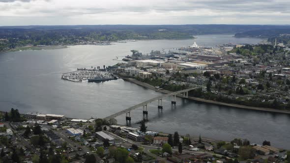 Decommissioned USS Turner Joy Docked Near The Manette Bridge In Bremerton, Washington. aerial