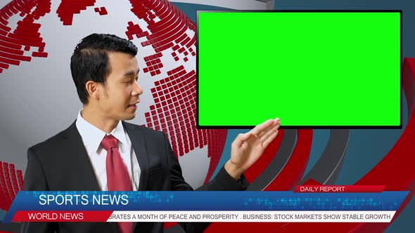 Live News Studio With Male Anchor Reporting On The Sport, Video Story Show Green Chroma Key Screen