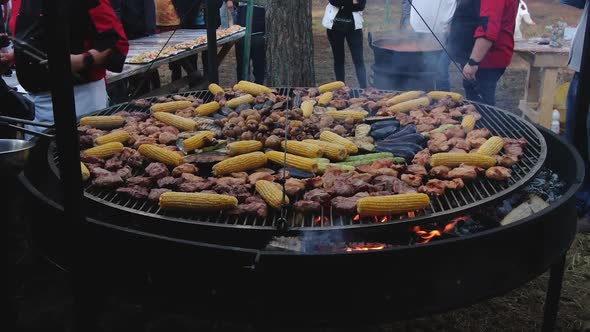 Delicious Meat and Vegetables On A Large Outdoor Grill