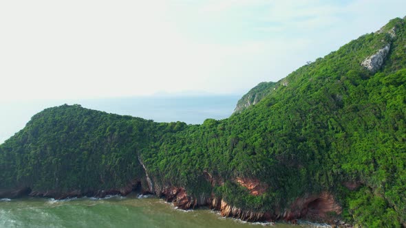 4K aerial drone view of  landscape, Flight over sea. A beautiful island located close to the coast.