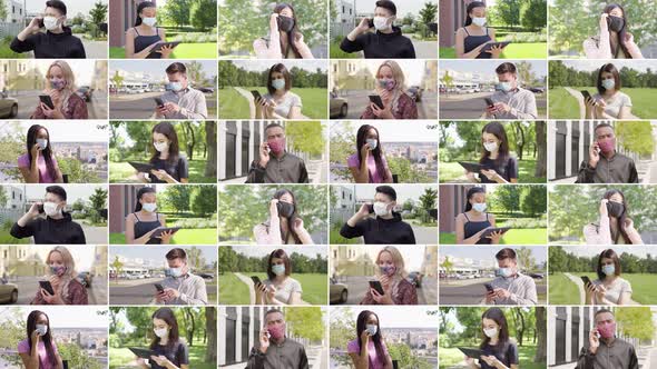 Compilation  Group of Nine Multicultural People with Face Mask Uses Smartphones and Tablets