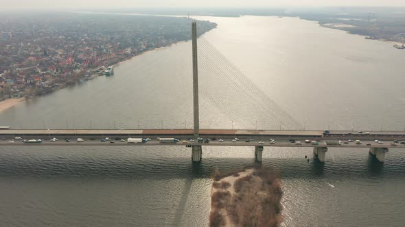 Hyperlapse. Bridge with Trafic Over the River Aerial Drone Footage