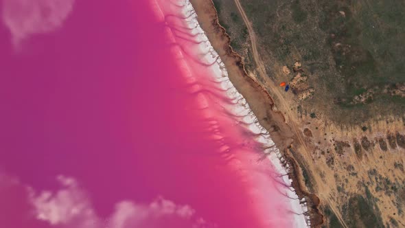 Bright Beautiful Landscape with Pink Salt Lake Coast From Drone