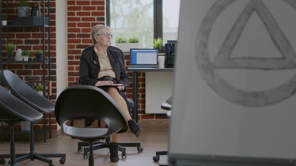 Psychologist Sitting in Circle with Chairs and Waiting on People at Aa Group Meeting