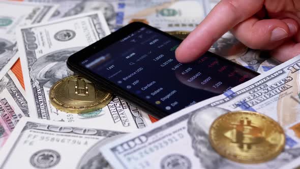 Broker is Viewing the Price Change of a Cryptocurrency on a Smartphone Screen