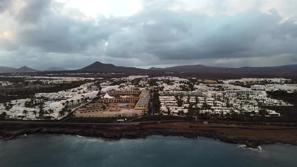 Aerial view of Costa Teguise coastal town in Lanzarote, Canary Island. Popular tourism and holiday d