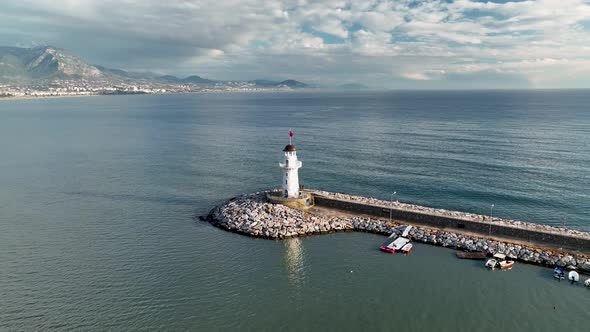 Lighthouse in the port aerial view Turkey Alanya 4 K