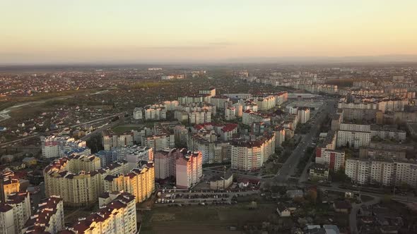 Aerial view of high residential apartment buildings at sunset in Ivano-Frankivsk city, Ukraine.