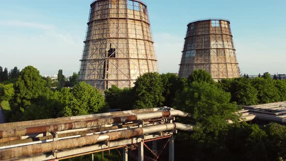 Aerial Drone View Flight Near Thermal Power Plant