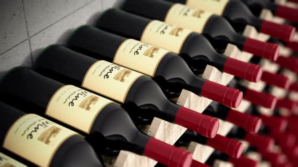 Animation showing huge amount of wine bottles on the wooden shelve. Loopable. HD