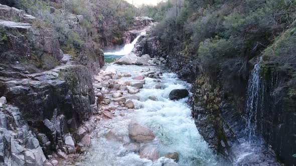 Beautiful Creek in the Mountains, Aerial Flying, Nature, River Rapids