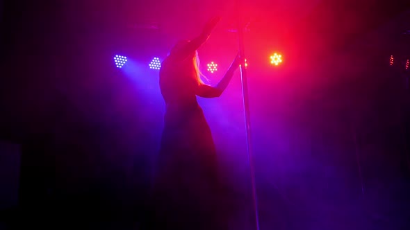 A Flexible Dancer Dances on a Pole Under the Light of Colorful Spotlights