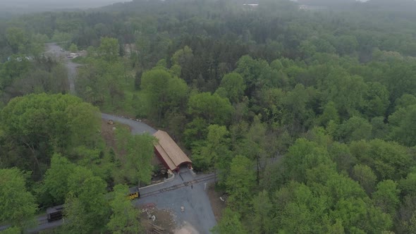 Aerial View of a Newly Rebuilt Covered Bridge by Restored