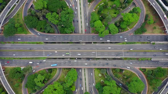 Zoom Out Revealing Shot of Simpang Susun Semanggi - Jakarta, Indonesia Highway Intersection