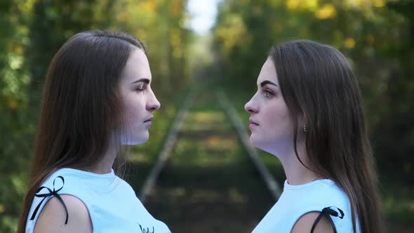 Twins Girls Railroad Look Camera Green Nature Background