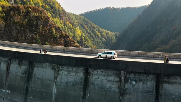 Aerial drone view of nature in Romania. Valley in Carpathian mountains with Vidraru dam