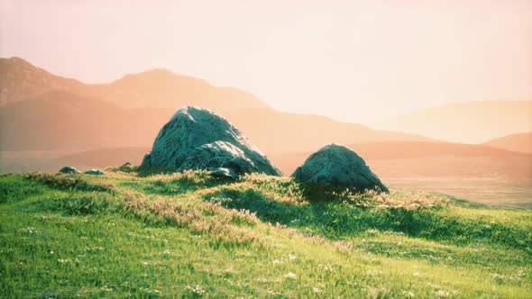 Meadow with Huge Stones Among the Grass on the Hillside at Sunset