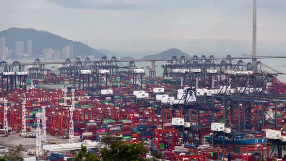 Container Port Cranes Operate in Large Hong Kong Harbour