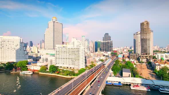 4K UHD : Bangkok River drone view. Flying over the Chao Phraya River