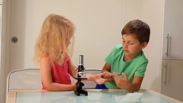 Little Boy Hands a Microscope Slide To the Girl