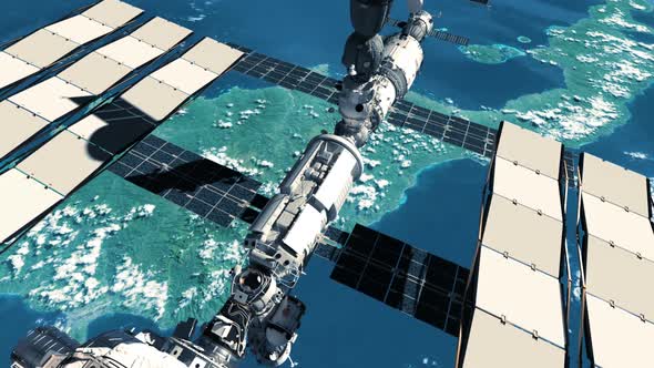 Flight Of International Space Station Over The Planet Earth alt